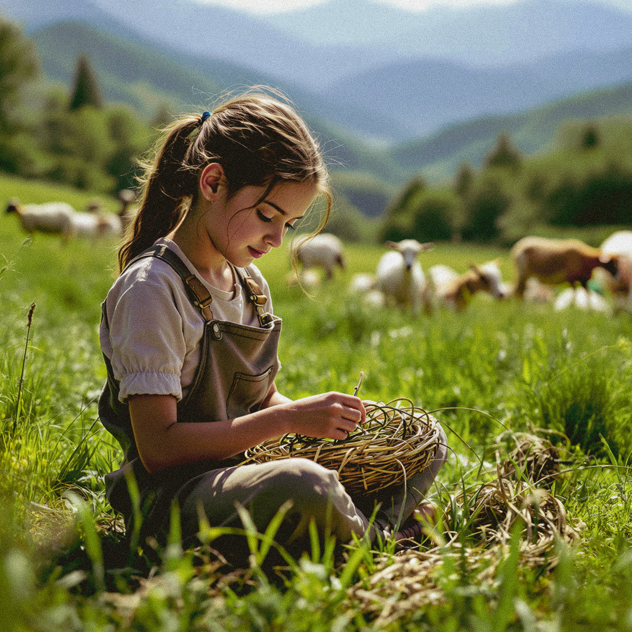A young girl in a green field kneels beside a woven basket, with sheep and rolling hills in the background.