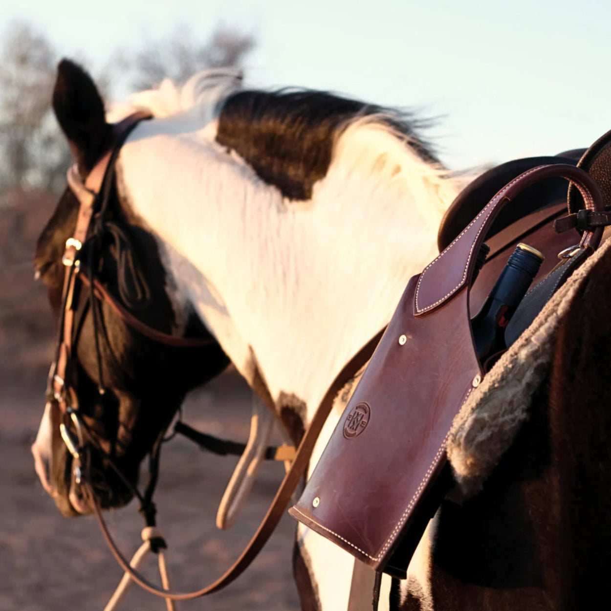 Horse with a bridle and bottle tote hanging off its saddle in an outdoor setting