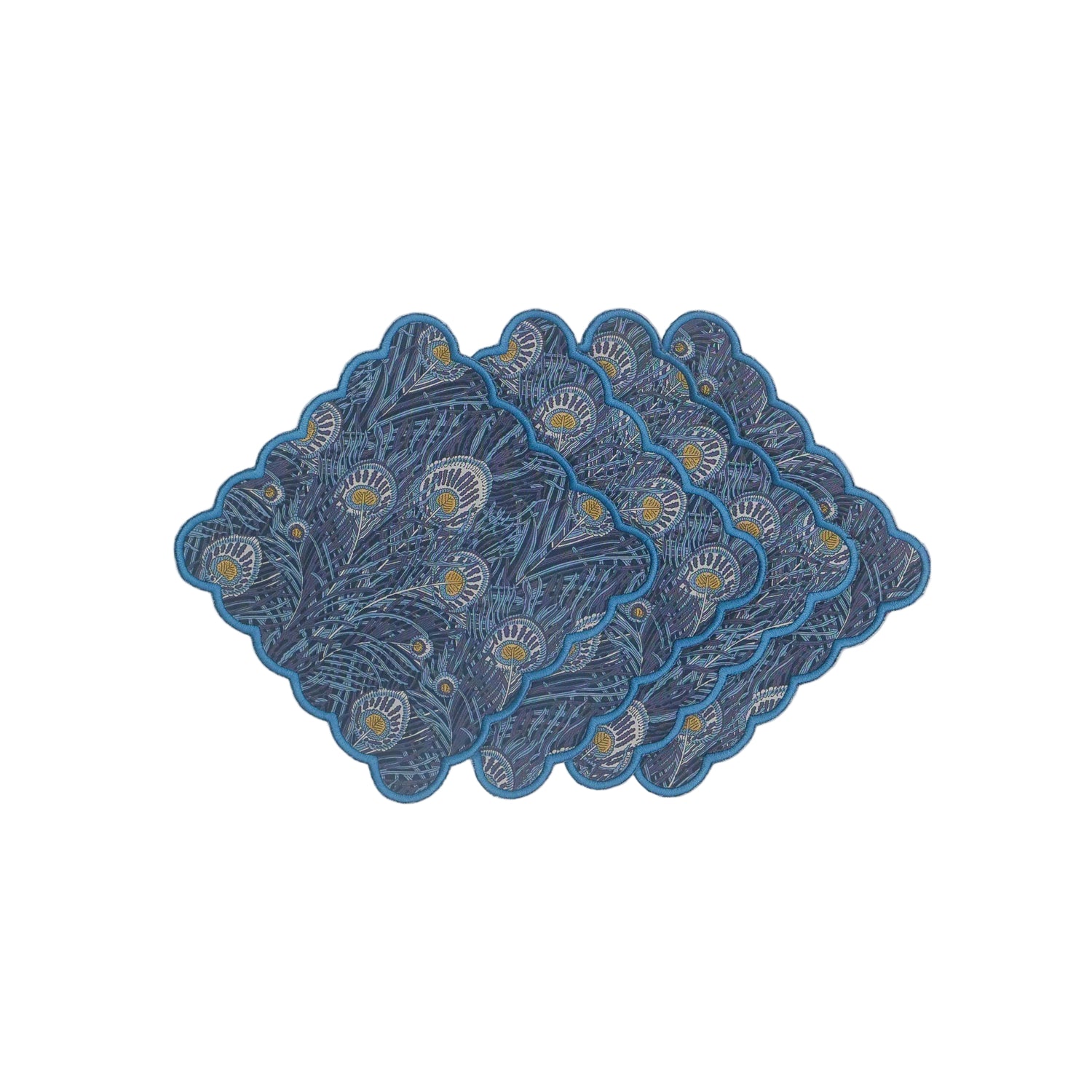 Set of blue cocktail napkins made from Liberty of London Queen Hera fabric.