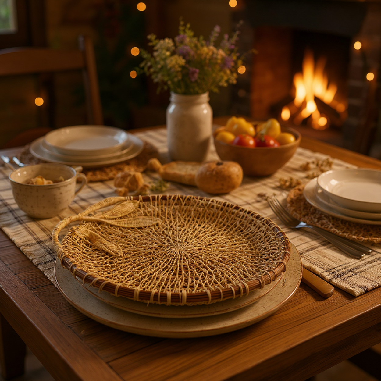 Dining table set with woven honeysuckle tray, plates, and fruit bowl in a cozy room with fireplace.