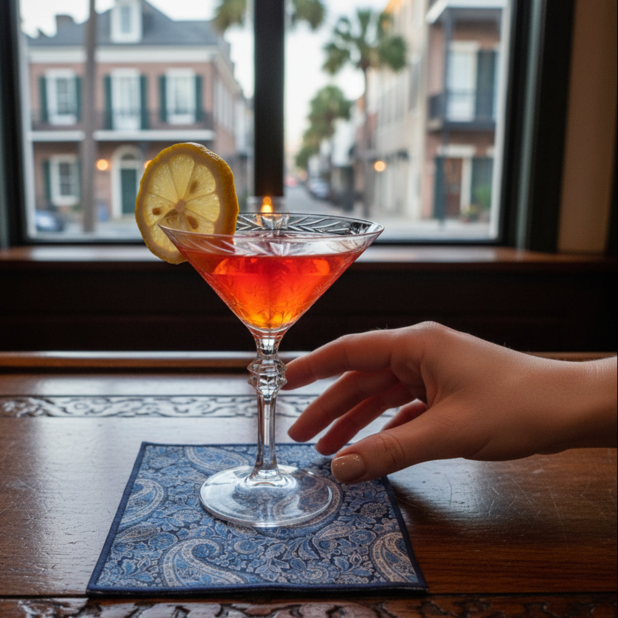 Red cocktail in a martini glass with a lemon wheel on an ornate Charleston bar with a cocktail napkin in Lee Manor Liberty fabric.