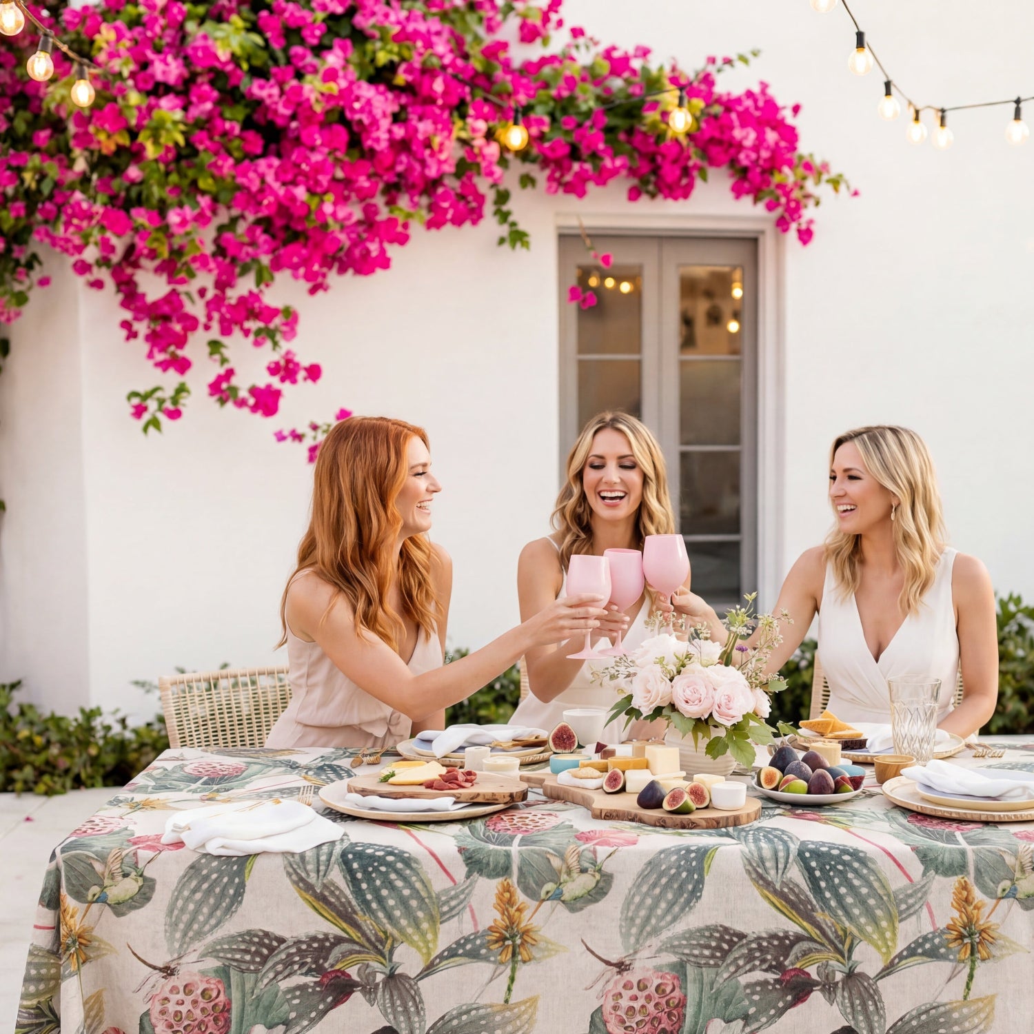 Three women sitting at a table with a floral Lujan Dragonfly tablecloth, framed by bourganvilla.