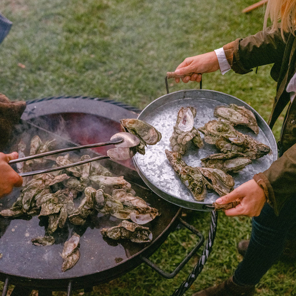 People grilling oysters on a fire pit grill outdoors.