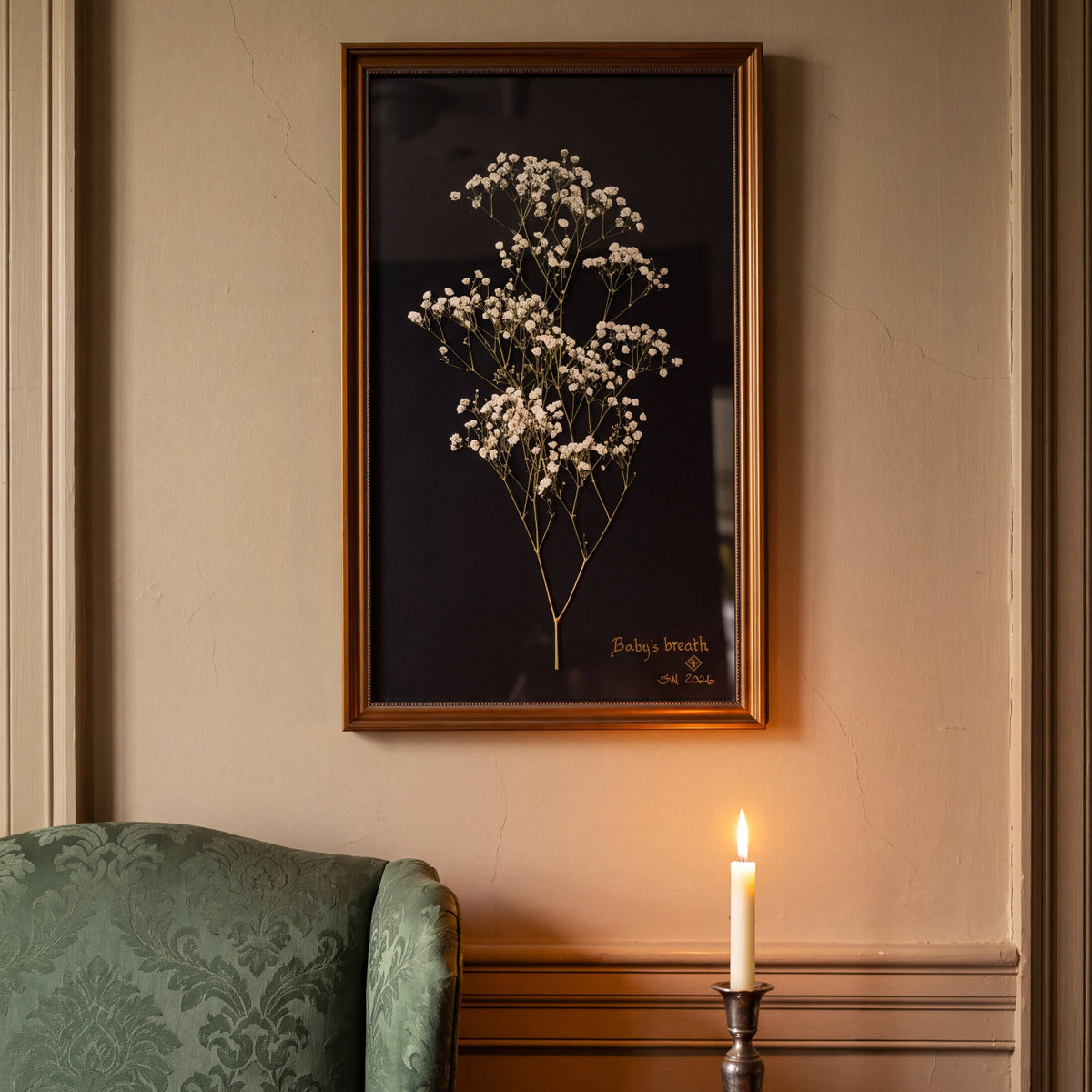 Pressed Botanical Babys Breath over a chair