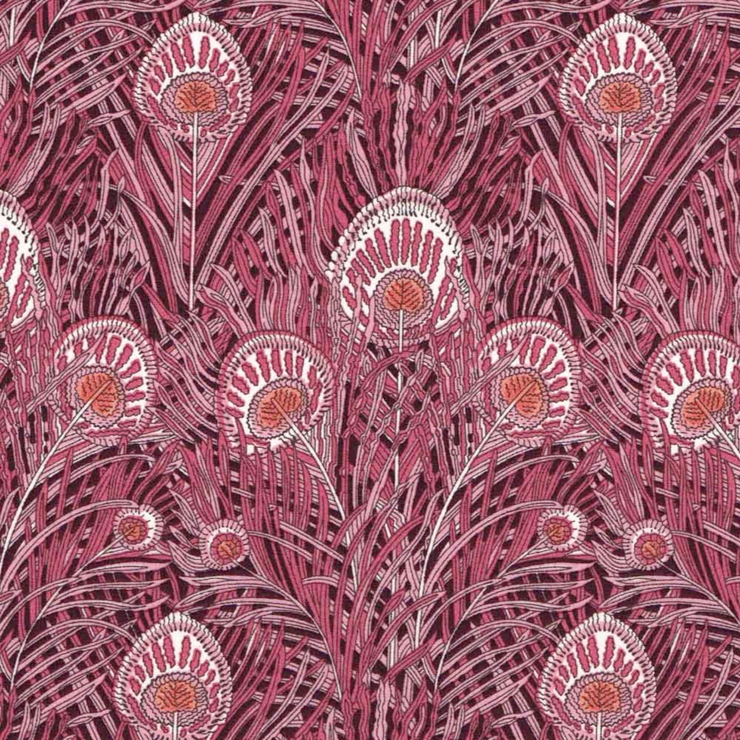 Heritage fabric pattern from Liberty of London with peacock feather design on a burgundy background