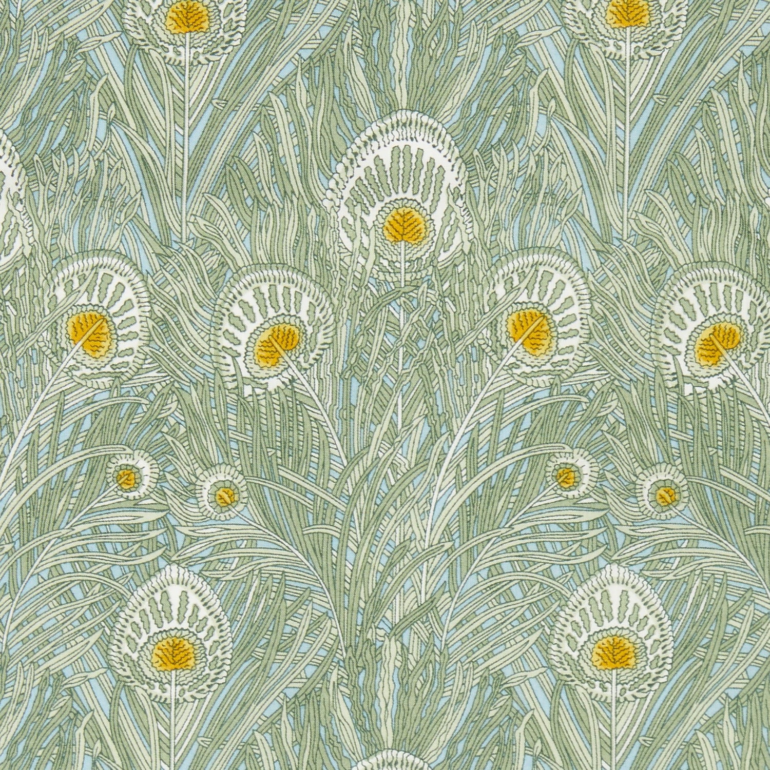 Heritage fabric pattern from Liberty of London with peacock feather design on a green background