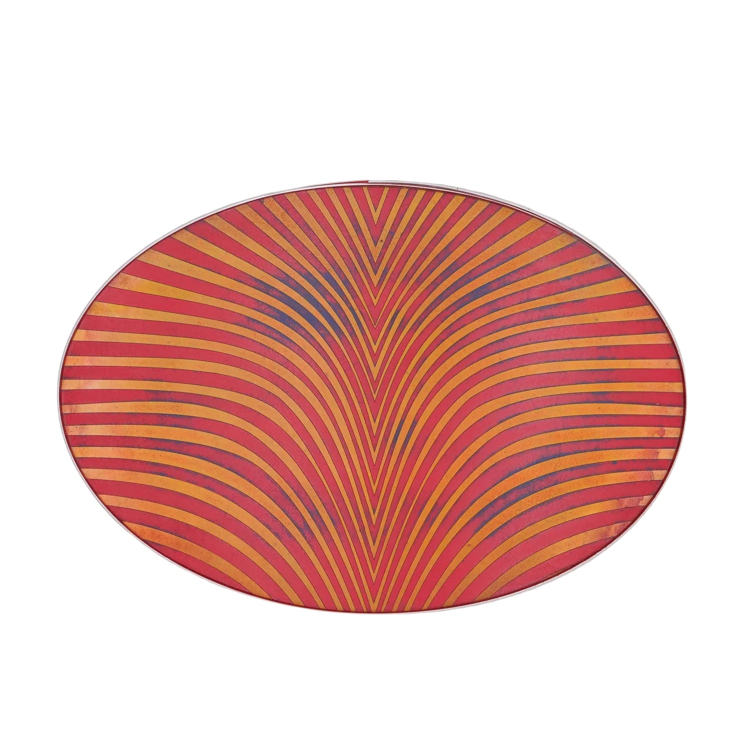 Round red and orange patterned tray on a white background