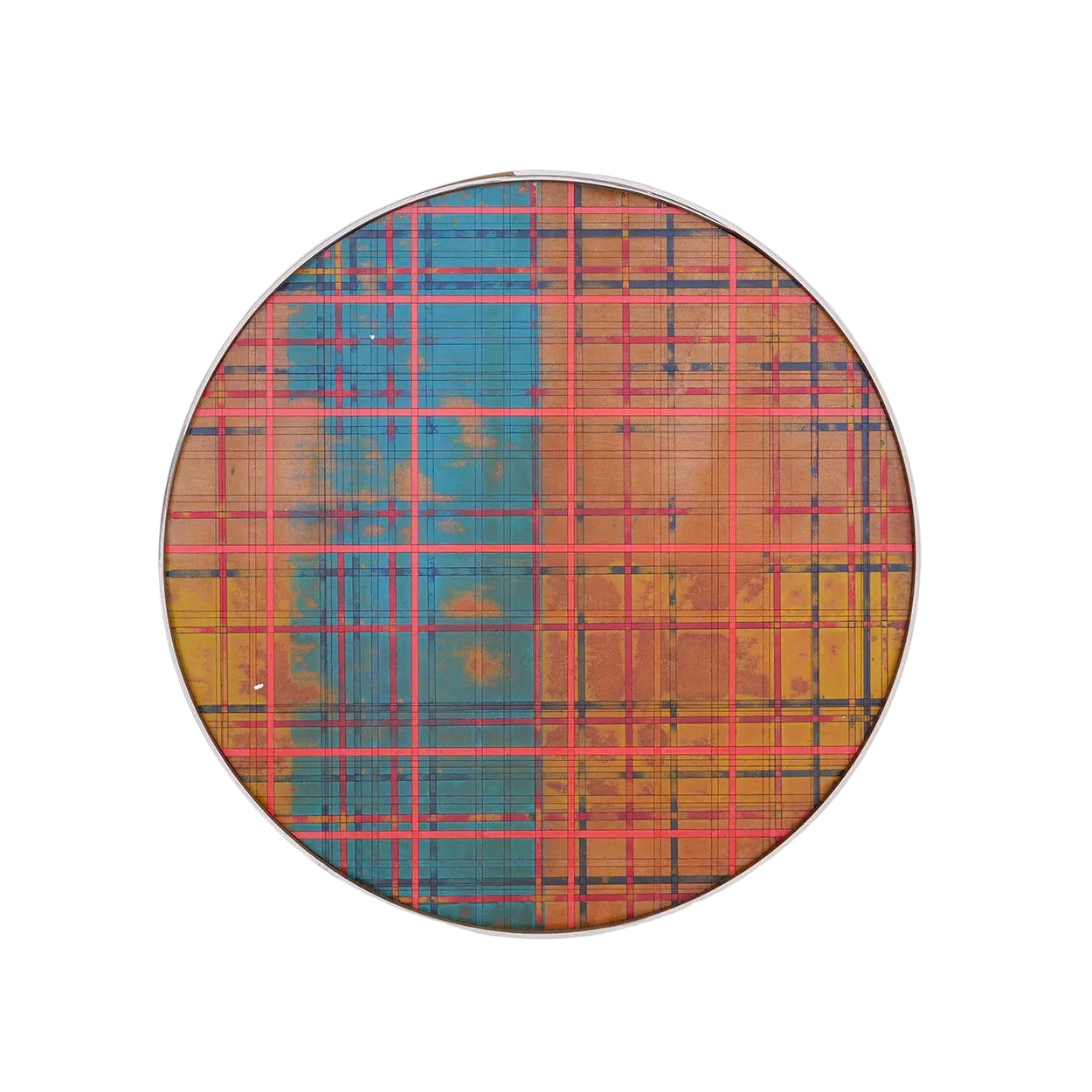Round plaid handmade tray with a blue and brown pattern on a white background