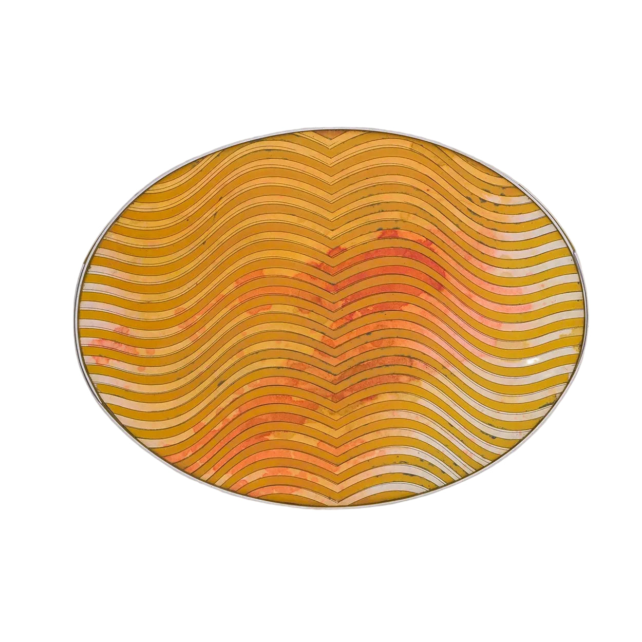 Handmade round tray by Robert Patterson with wavy line pattern on a white background