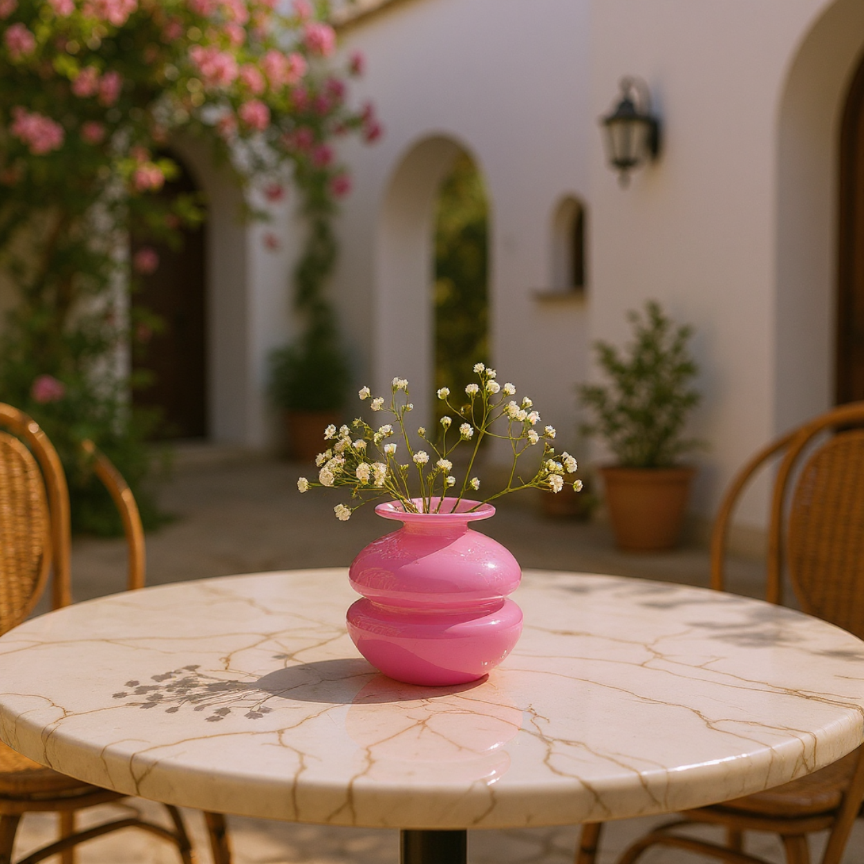 Pink vase with flowers on a marble table in an outdoor setting
