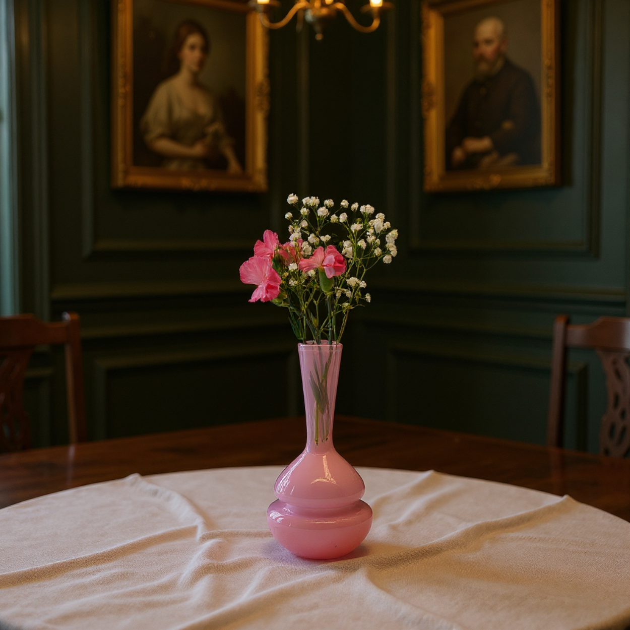 Pink vase with flowers on a table in a room with portraits on the wall.