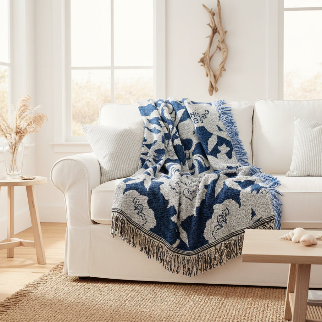 Close-up of a blue and white patterned blanket with fringes on a white sofa.