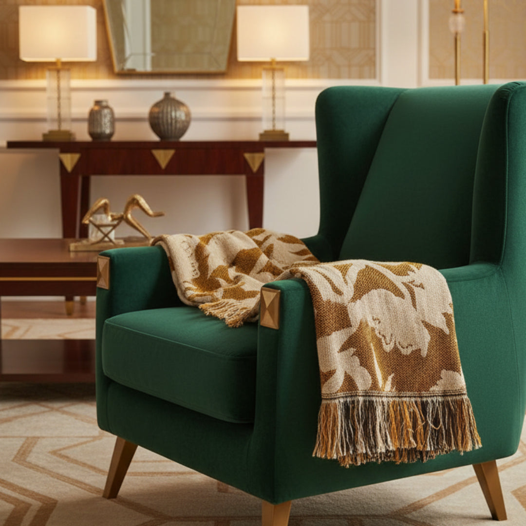 Throw blanket with floral pattern draped over a green chair.