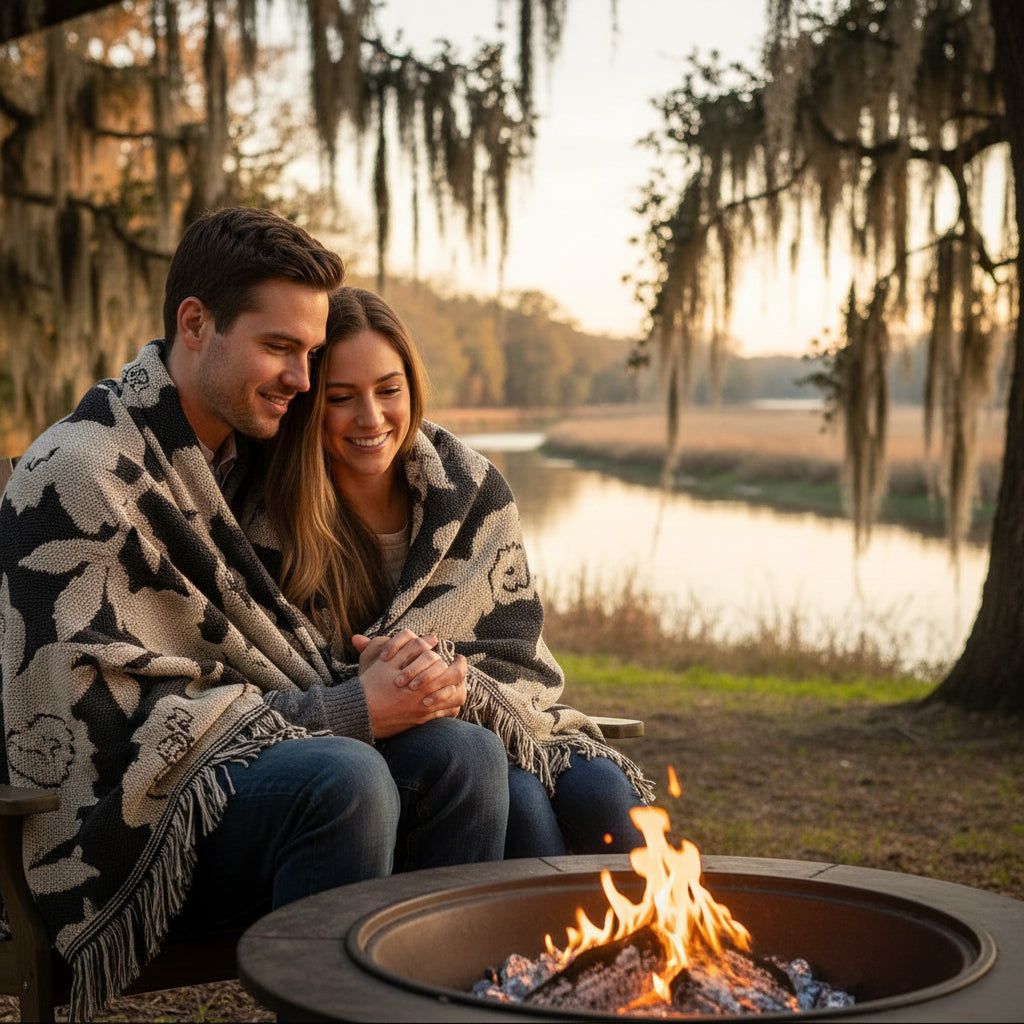Thro blanket with floral patternsdraped around a couple sitting next to a fire pit.