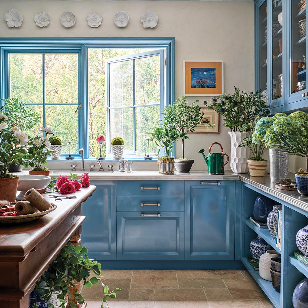 Modern kitchen with blue cabinets, plants, and a window view.