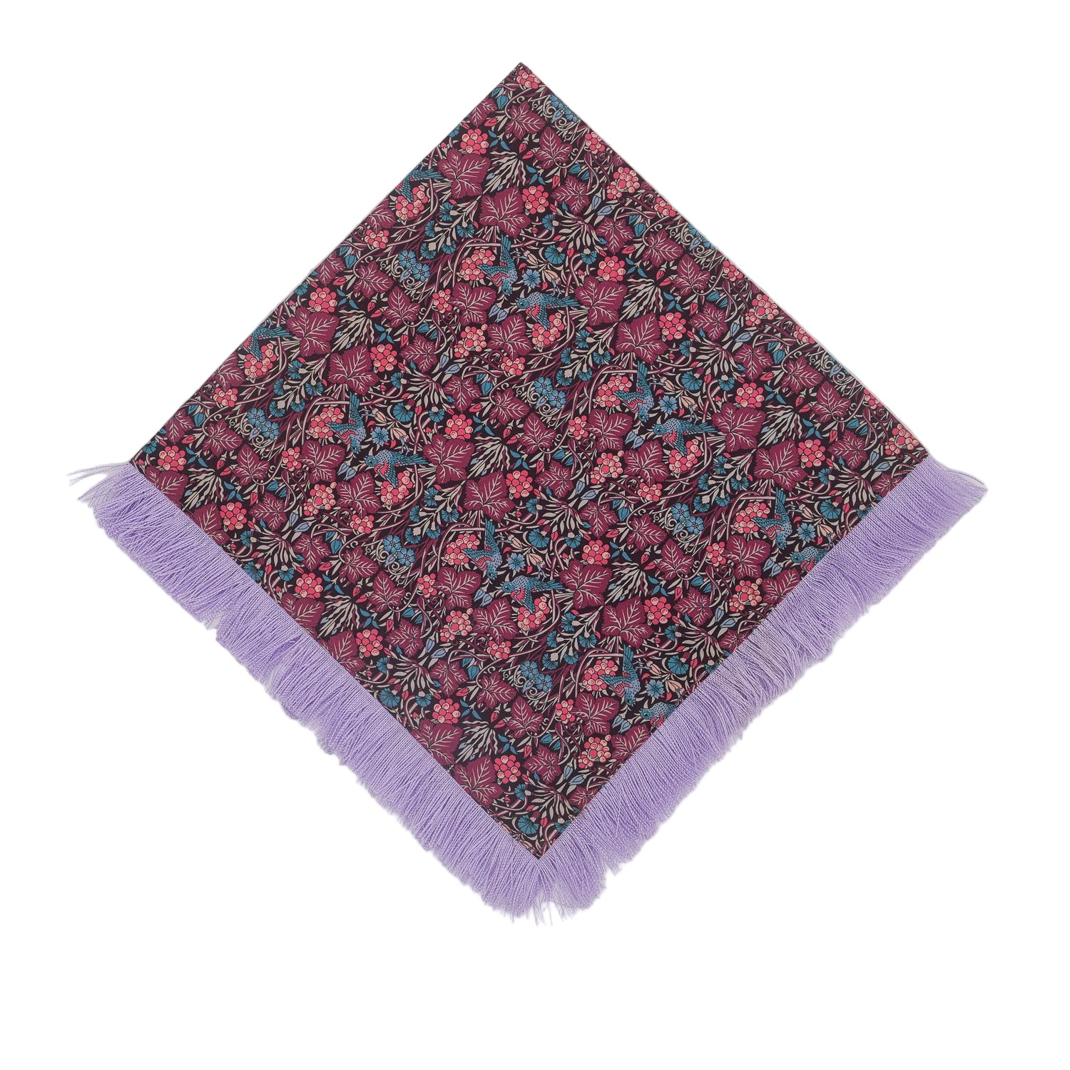 William Morris Vine Thief patterned dinner napkin with purple fringe.