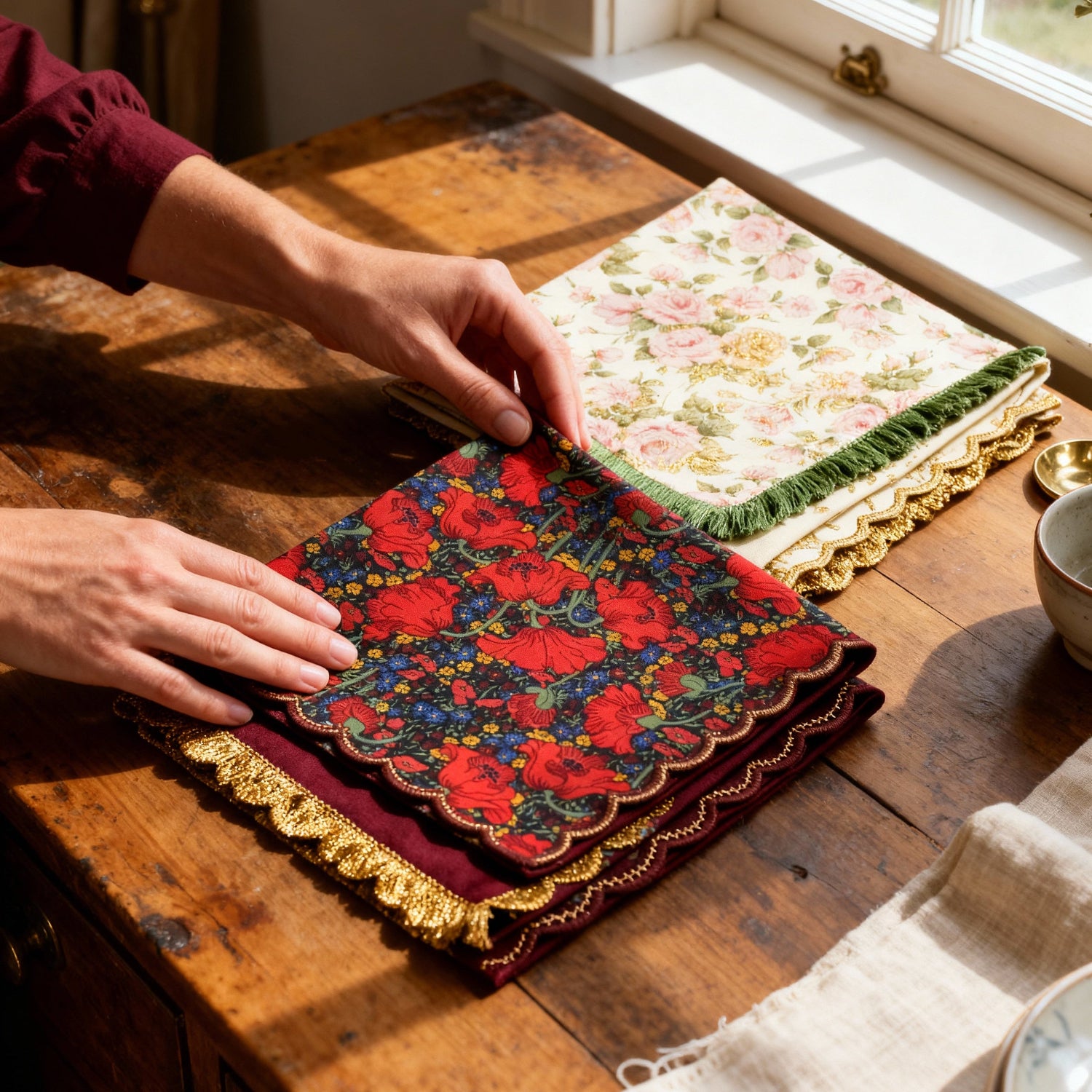 Person arranging floral-patterned napkins on a wooden table with natural light coming through a window.