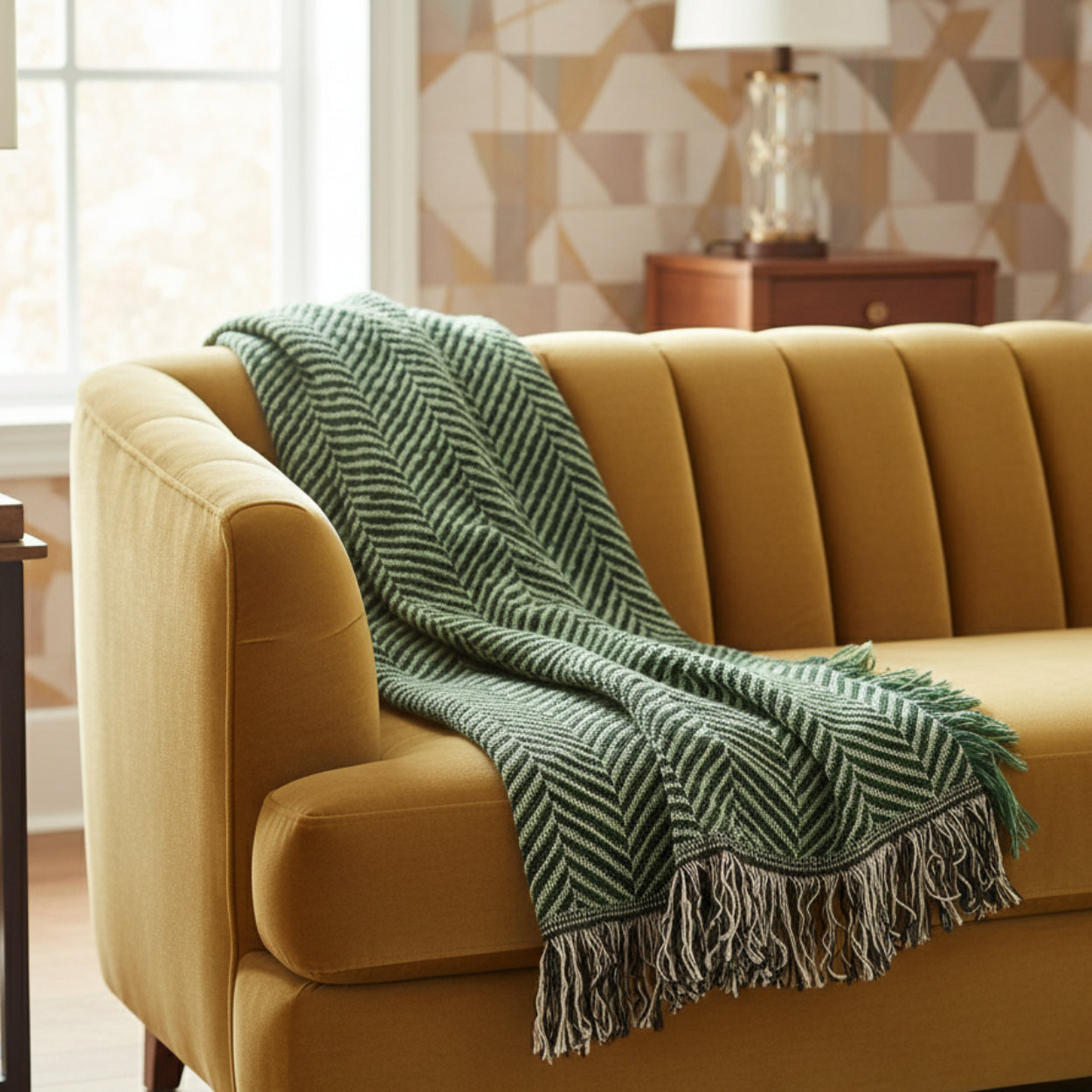 Green and black chevron patterned blanket draped over a gold sofa.