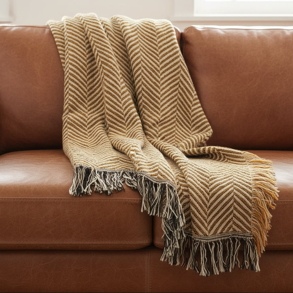 Goldenrod throw blanket draped on a brown leather couch.