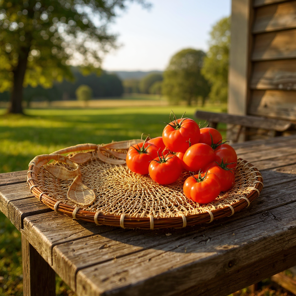Tomatoes on a woven honeysuckle tray by Anne Scarpa McCauley on a wooden table with a natural background