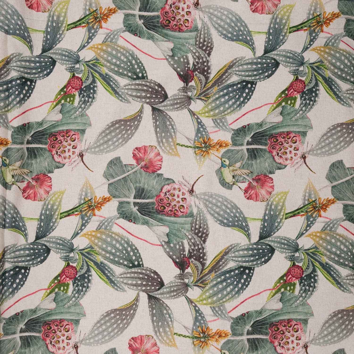 Floral and leaf pattern on a linen surface