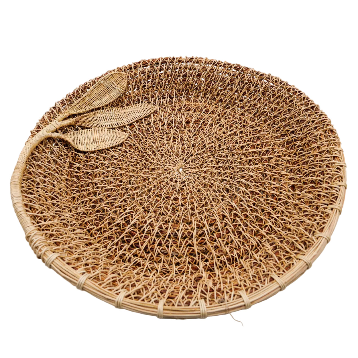 Woven honeysuckle basket tray with leaf decorations on a white background