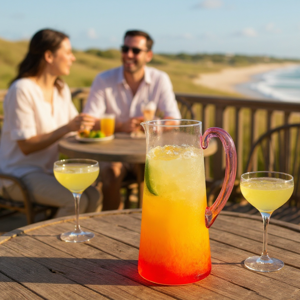 People sitting at a table by the beach with a colorful hand-blown pink pitcher of margaritas and glasses.