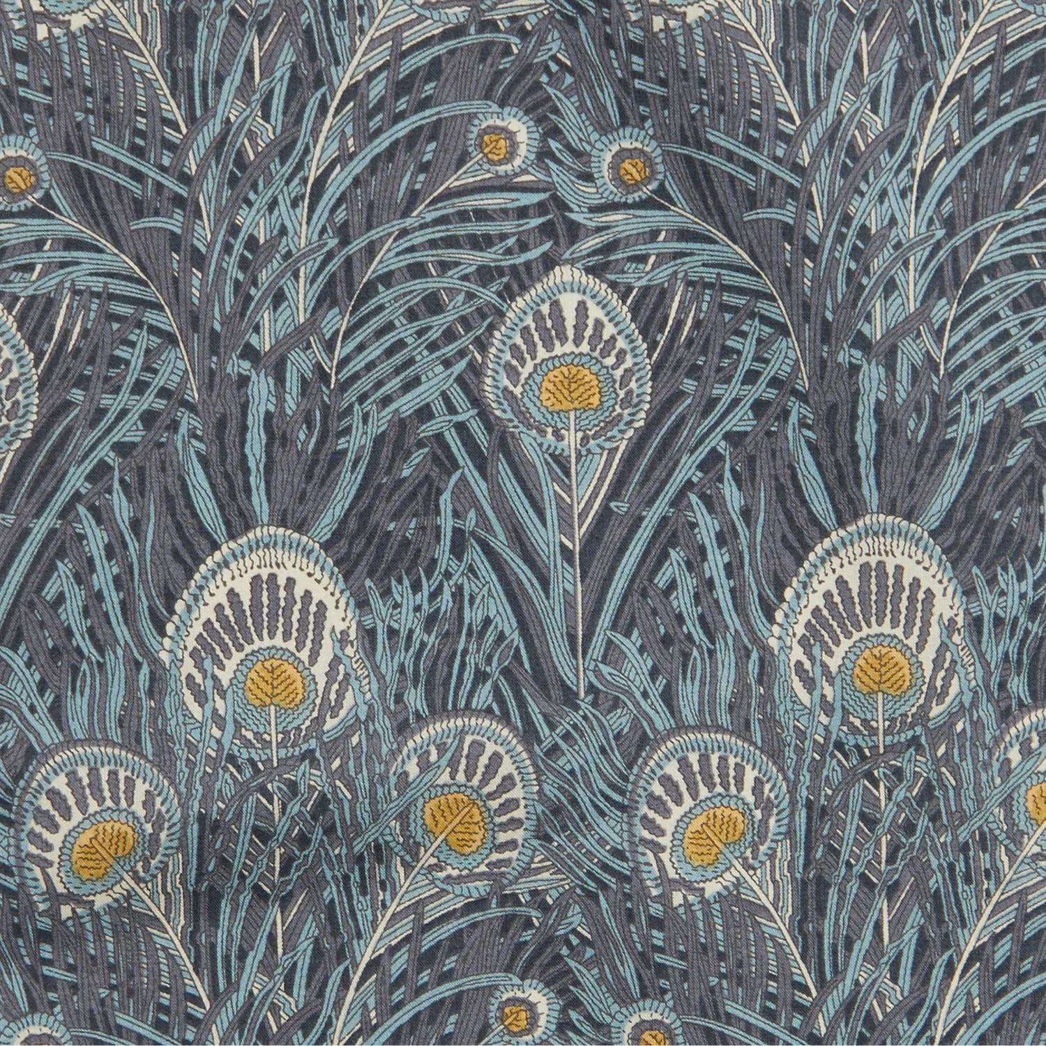 Heritage fabric pattern from Liberty of London with peacock feather design on a bluebackground