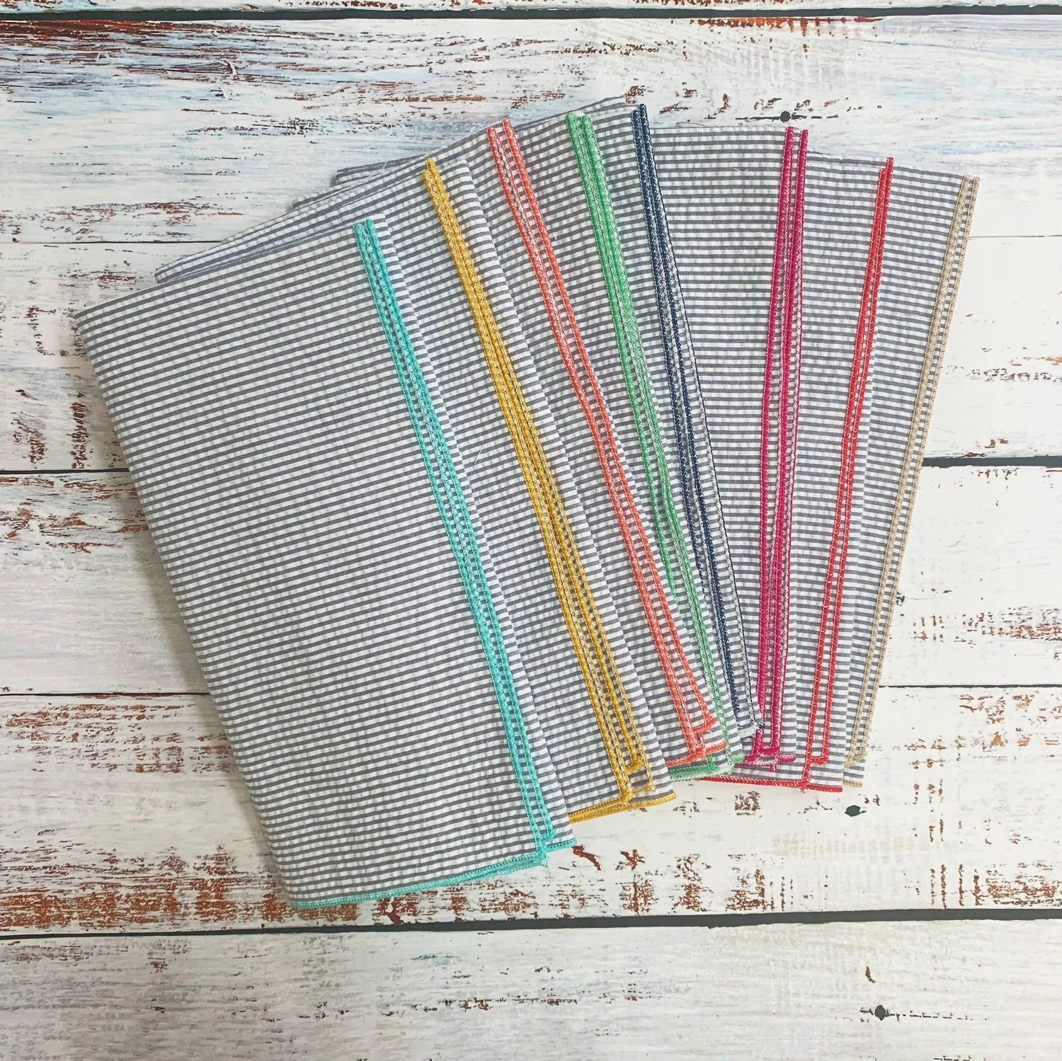 Grey Seersucker Cloth Napkins with Colorful Edges, set of 8 - Southern Crafted