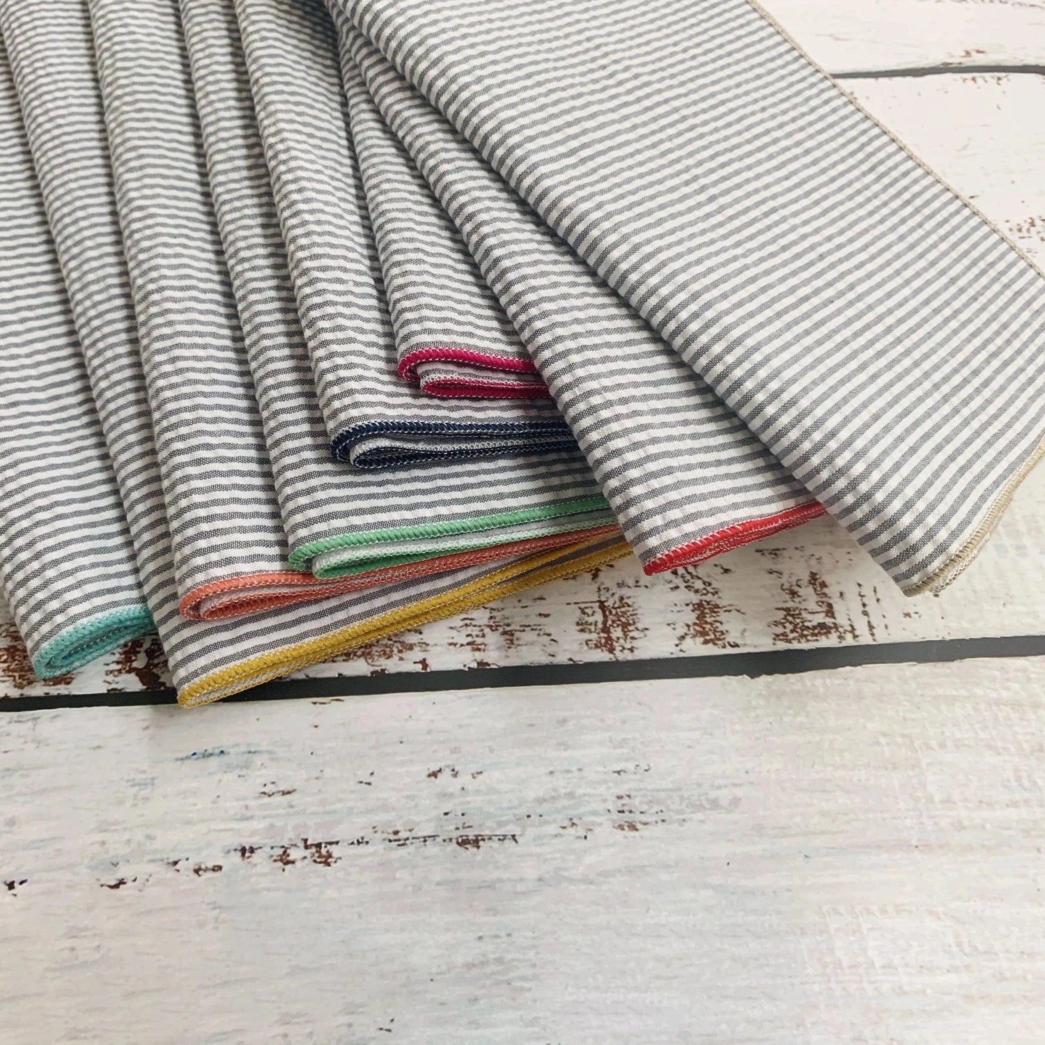 Grey Seersucker Cloth Napkins with Colorful Edges, set of 8 - Southern Crafted