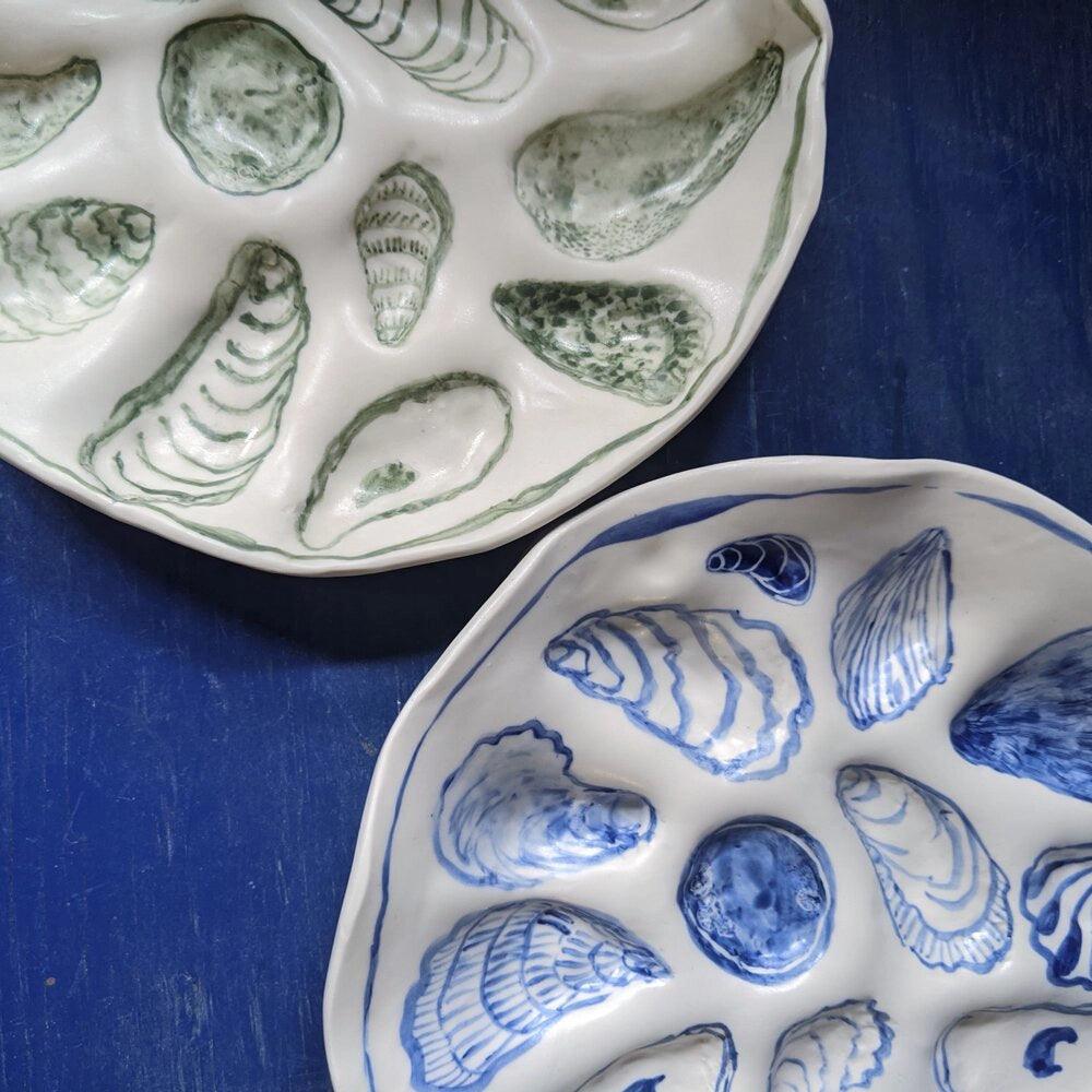 Bridgman Pottery Blue and Green Ceramic Oyster Plates
