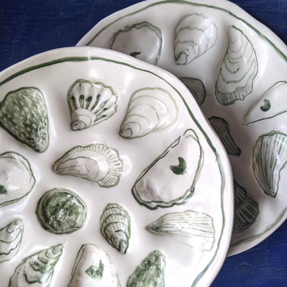 Bridgman Pottery 2 Green Ceramic Oyster Plates