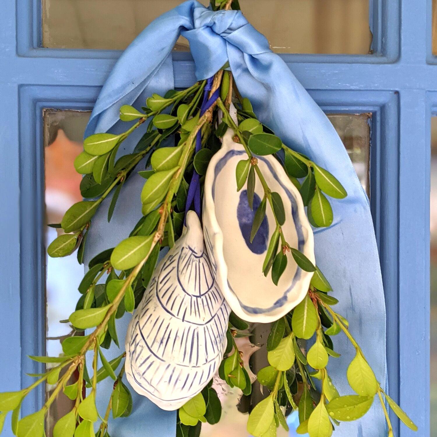 Blue Ceramic Oyster Shell Door Wreath Arrangement