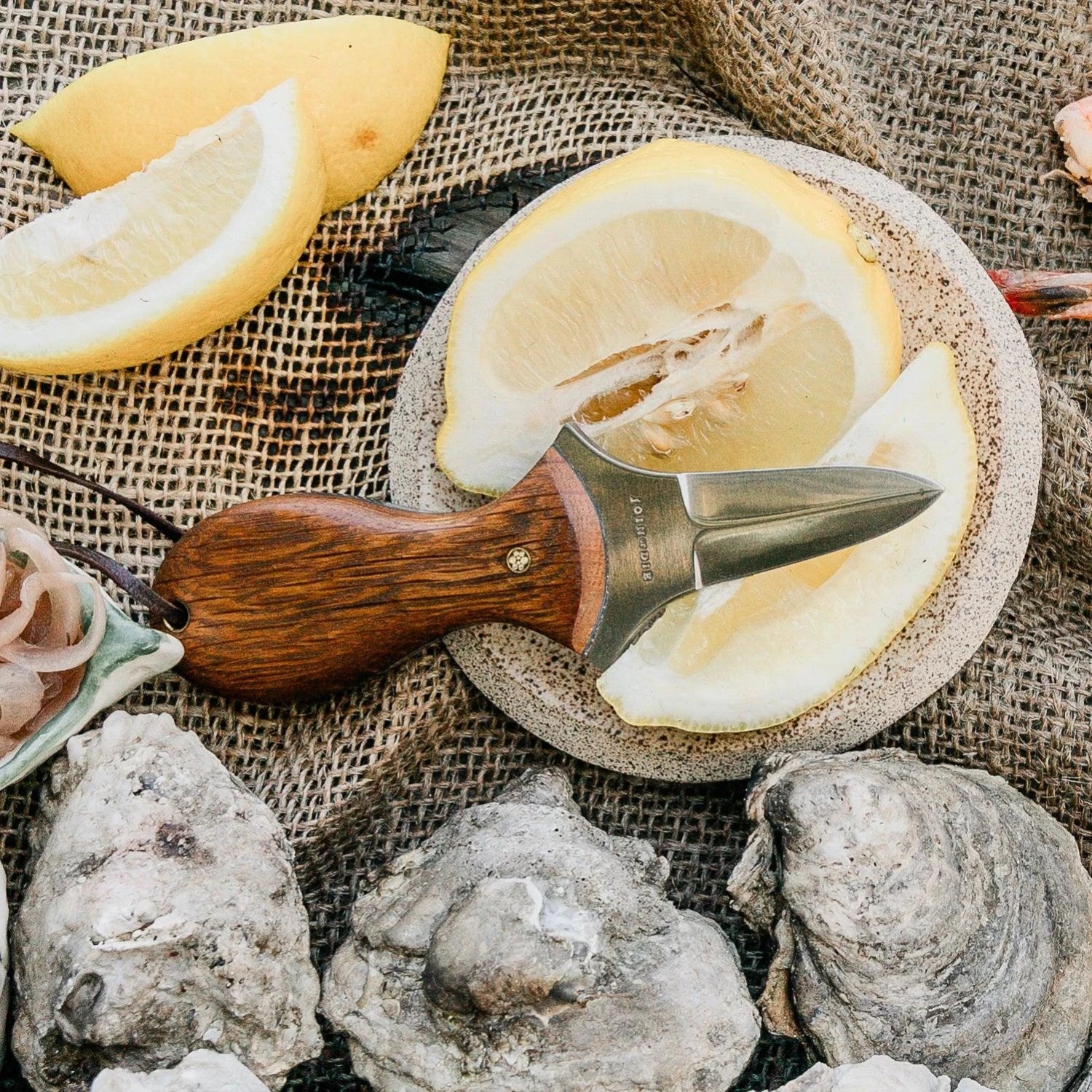 Join or Die Oyster Knife Shucker Tobacco Barn wood handle at oyster roast