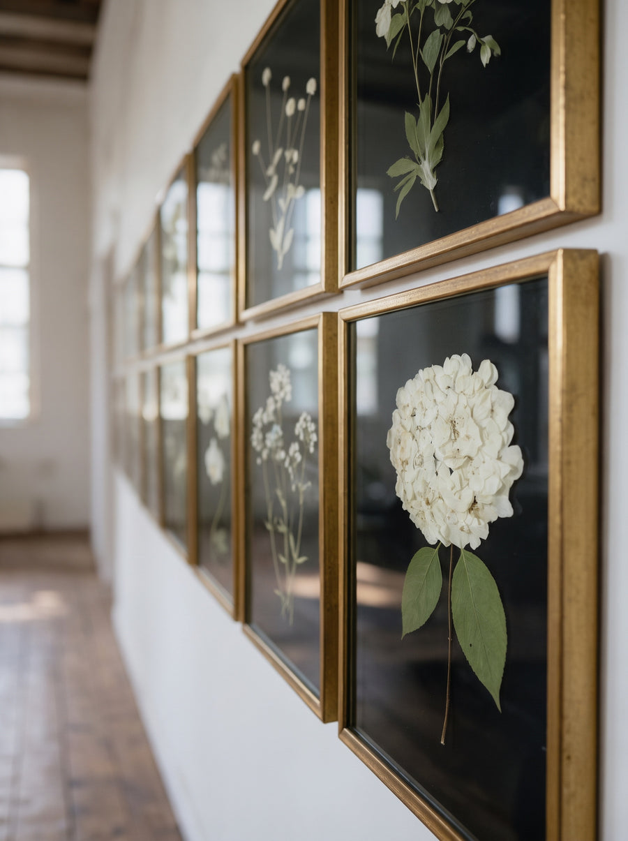 Sandy Whitaker pressed botanicals, white flowers on black